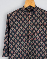 Floral Harmony – Printed Cotton Short Kurta in Navy & Red